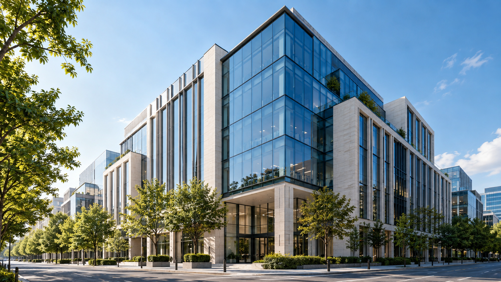 Illustrative contemporary office building with glass façades and street trees